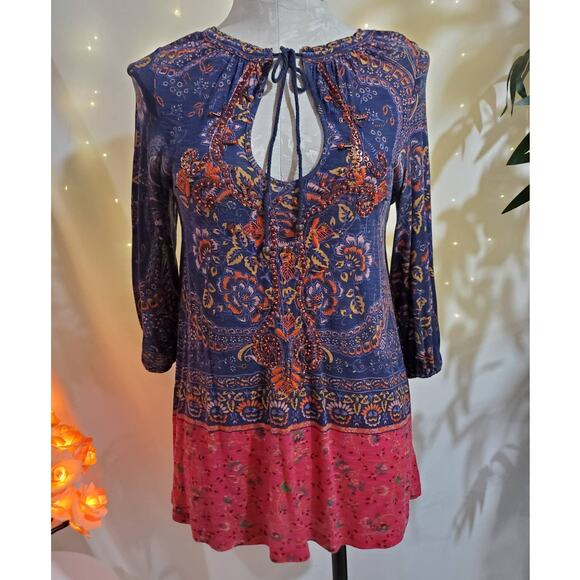 Anthropologie Meadow Rue Beaded Boho Keyhole Blouse Womens Size XS Hippie Top - Picture 1 of 10